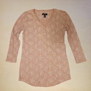 Chaps Floral Henley Tunic Top Pink Long Sleeve Ribbed Knit Boho Casual Women S